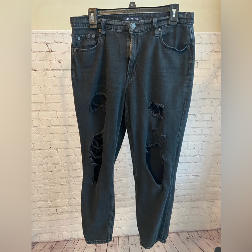 Aeropostale Women’s Distressed Black Denim Mom Jeans Size 10